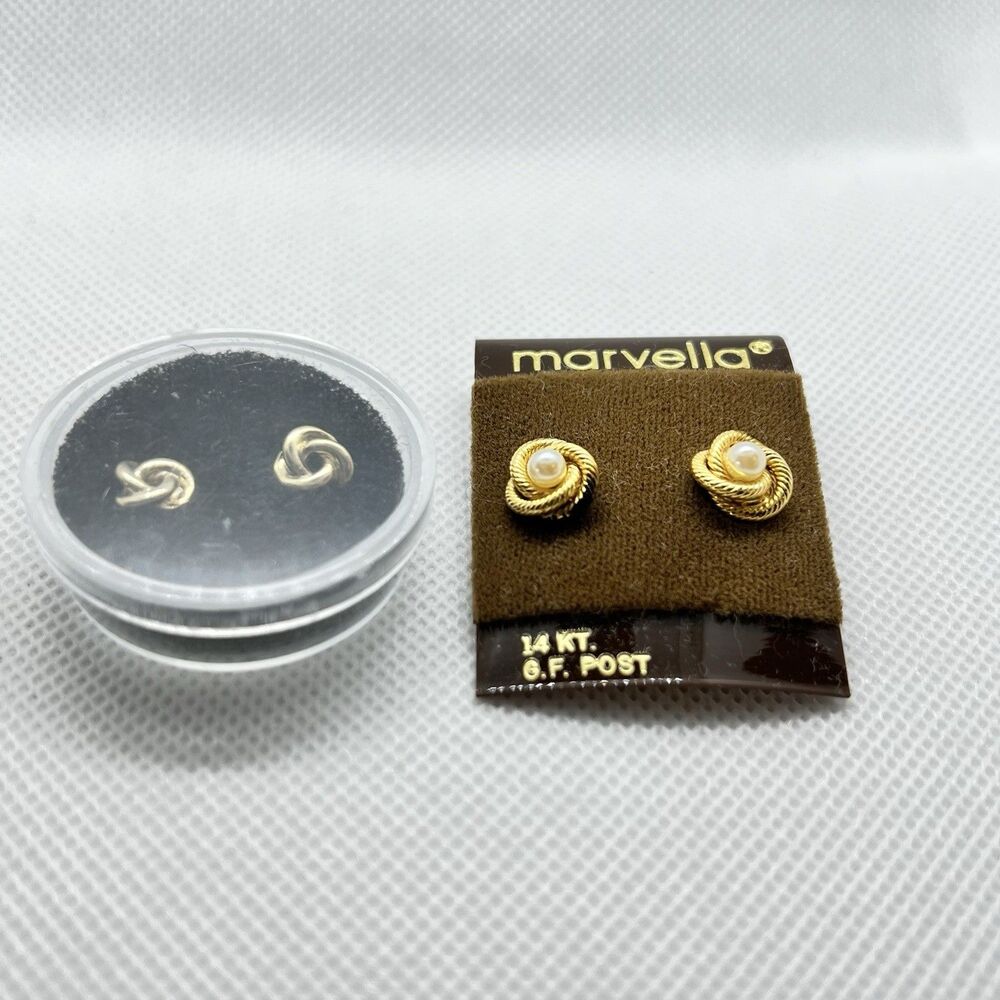 VTG NIB 1980s 2 Pair Gold Celtic Knot Pierce Earrings 1-Marvella w/Pearl/1 Other - Picture 2 of 5